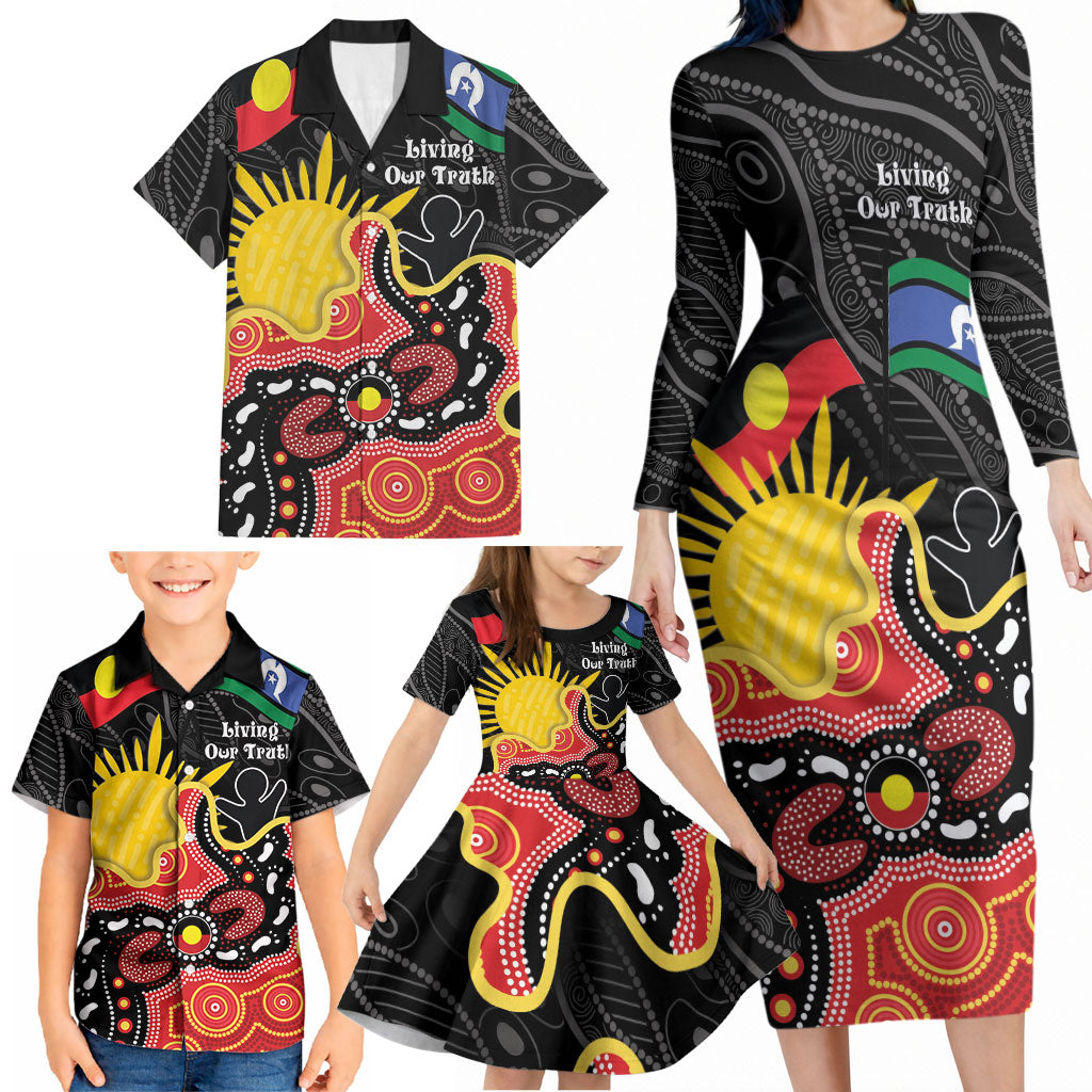 Personalised Australia Aboriginal Children's Day Family Matching Long Sleeve Bodycon Dress and Hawaiian Shirt Living Our Truth Indigenous Pattern