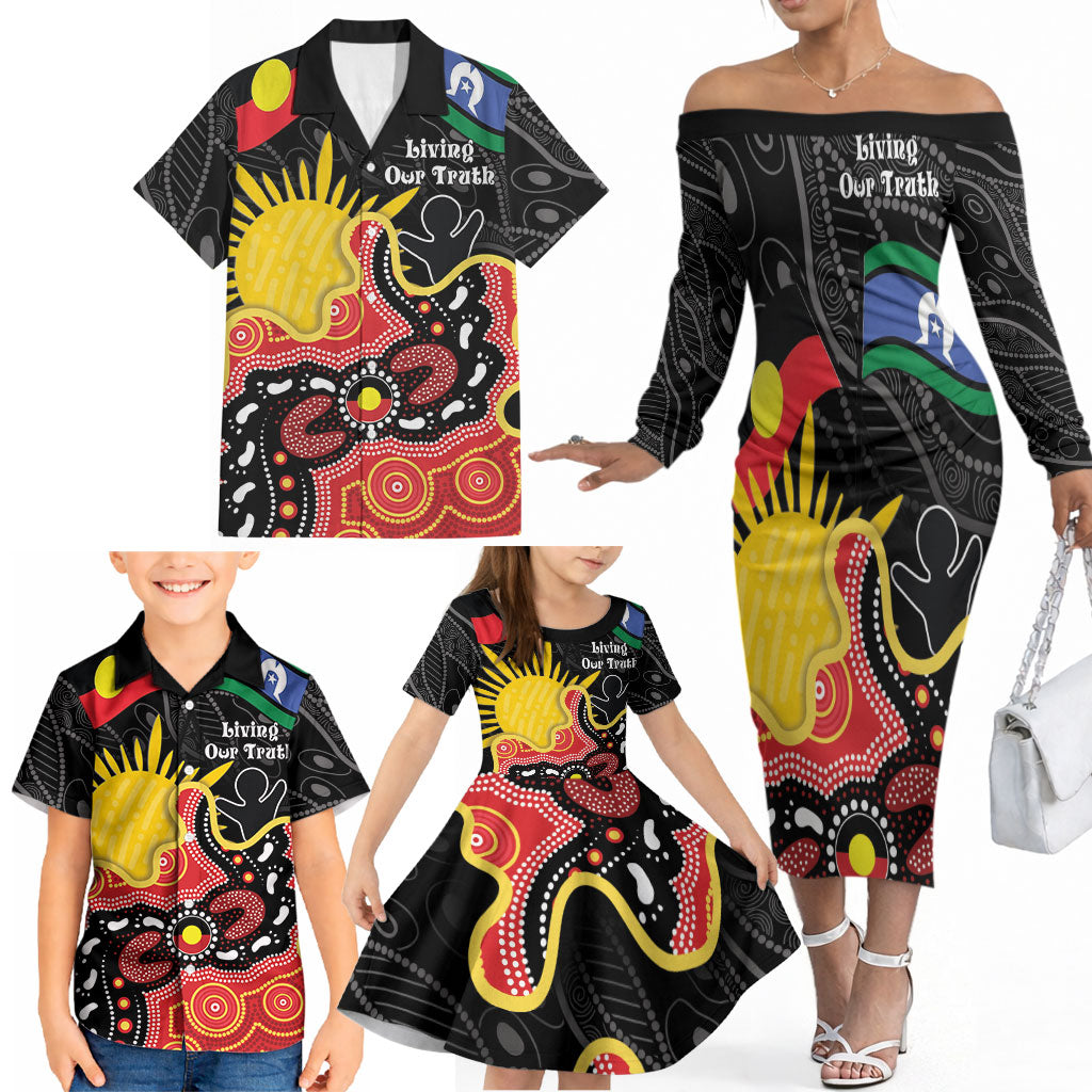Personalised Australia Aboriginal Children's Day Family Matching Off The Shoulder Long Sleeve Dress and Hawaiian Shirt Living Our Truth Indigenous Pattern