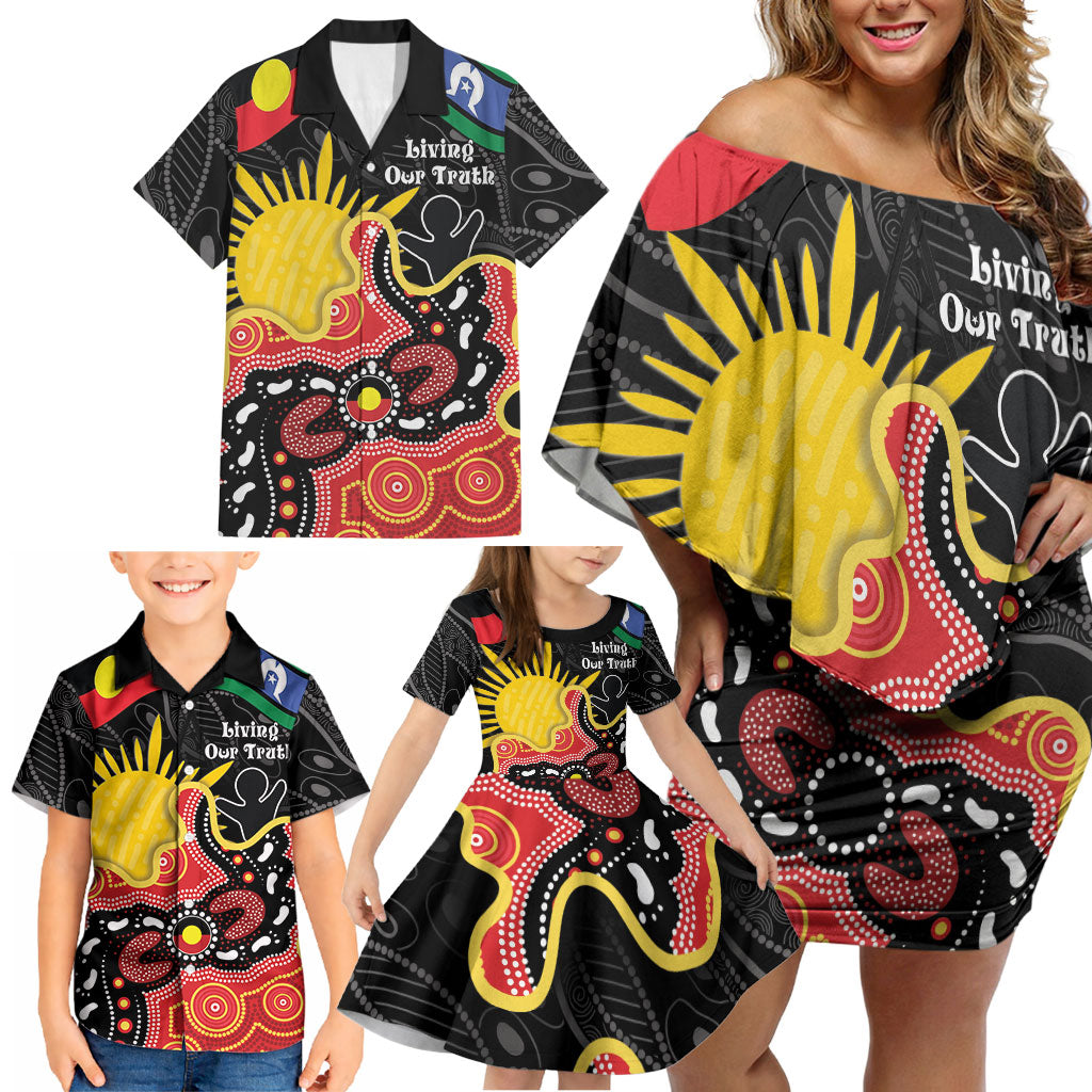 Personalised Australia Aboriginal Children's Day Family Matching Off Shoulder Short Dress and Hawaiian Shirt Living Our Truth Indigenous Pattern