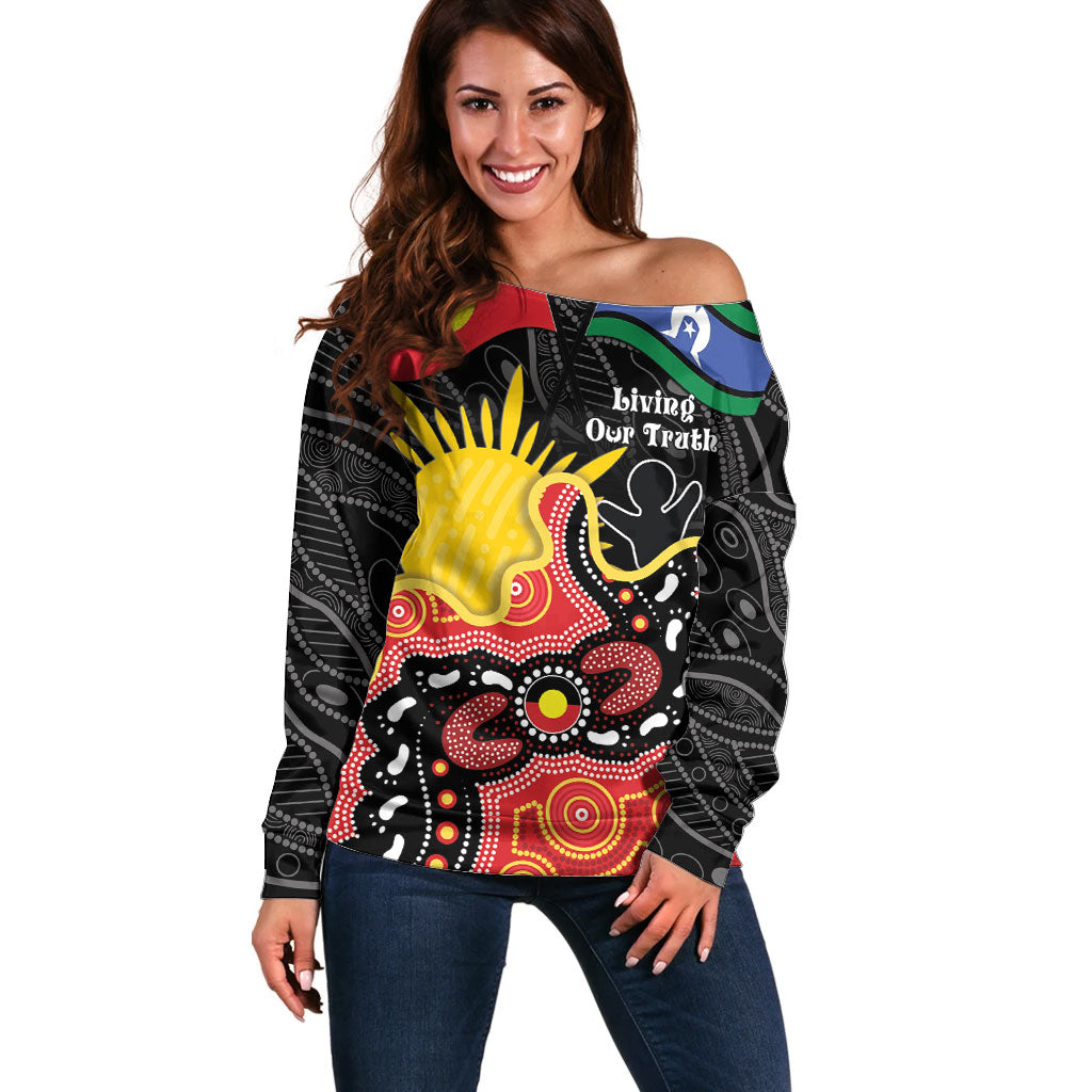 Personalised Australia Aboriginal Children's Day Off Shoulder Sweater Living Our Truth Indigenous Pattern