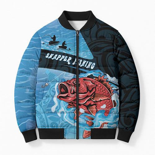 Personalised Snapper Fishing New Zealand Bomber Puffer Jacket Tamure Fish Hook Maori Pattern