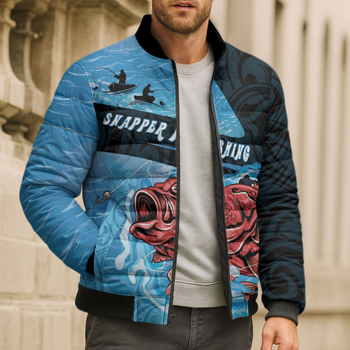Personalised Snapper Fishing New Zealand Bomber Puffer Jacket Tamure Fish Hook Maori Pattern