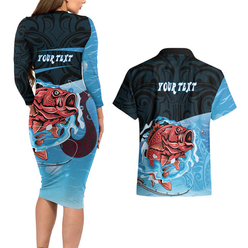 Personalised Snapper Fishing New Zealand Couples Matching Long Sleeve Bodycon Dress and Hawaiian Shirt Tamure Fish Hook Maori Pattern
