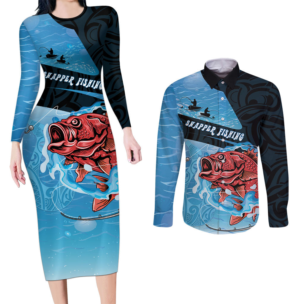 Personalised Snapper Fishing New Zealand Couples Matching Long Sleeve Bodycon Dress and Long Sleeve Button Shirt Tamure Fish Hook Maori Pattern