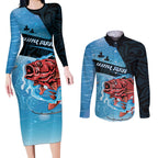 Personalised Snapper Fishing New Zealand Couples Matching Long Sleeve Bodycon Dress and Long Sleeve Button Shirt Tamure Fish Hook Maori Pattern