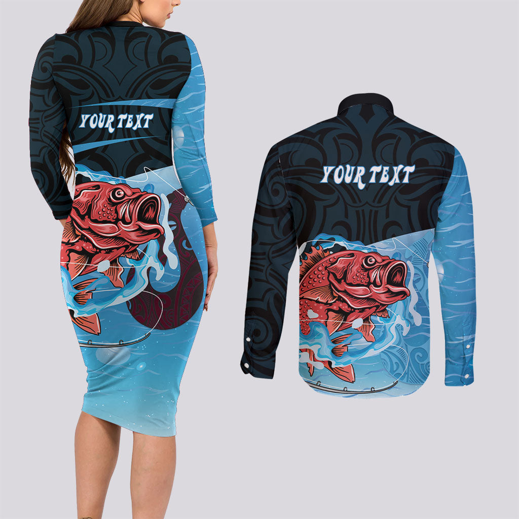 Personalised Snapper Fishing New Zealand Couples Matching Long Sleeve Bodycon Dress and Long Sleeve Button Shirt Tamure Fish Hook Maori Pattern