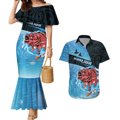 Personalised Snapper Fishing New Zealand Couples Matching Mermaid Dress and Hawaiian Shirt Tamure Fish Hook Maori Pattern