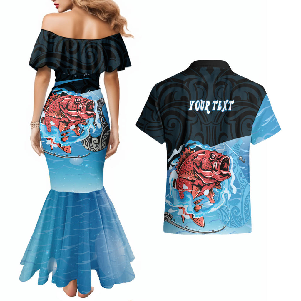 Personalised Snapper Fishing New Zealand Couples Matching Mermaid Dress and Hawaiian Shirt Tamure Fish Hook Maori Pattern