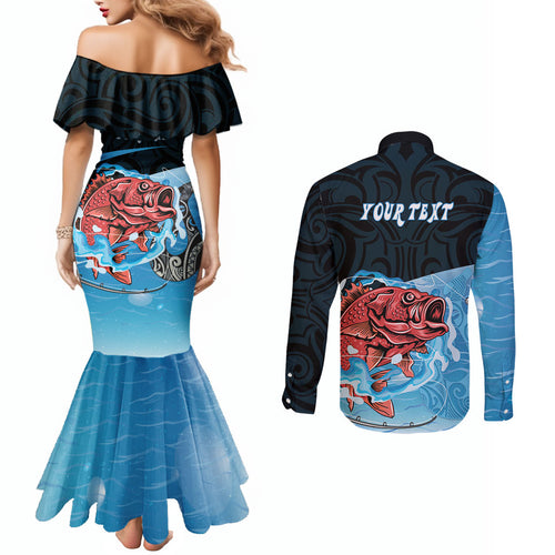 Personalised Snapper Fishing New Zealand Couples Matching Mermaid Dress and Long Sleeve Button Shirt Tamure Fish Hook Maori Pattern