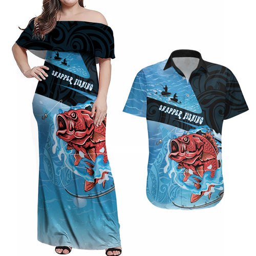 Personalised Snapper Fishing New Zealand Couples Matching Off Shoulder Maxi Dress and Hawaiian Shirt Tamure Fish Hook Maori Pattern