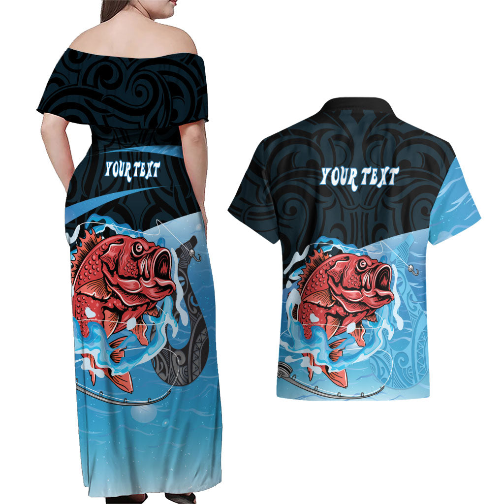 Personalised Snapper Fishing New Zealand Couples Matching Off Shoulder Maxi Dress and Hawaiian Shirt Tamure Fish Hook Maori Pattern