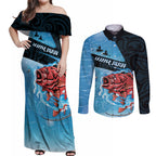 Personalised Snapper Fishing New Zealand Couples Matching Off Shoulder Maxi Dress and Long Sleeve Button Shirt Tamure Fish Hook Maori Pattern