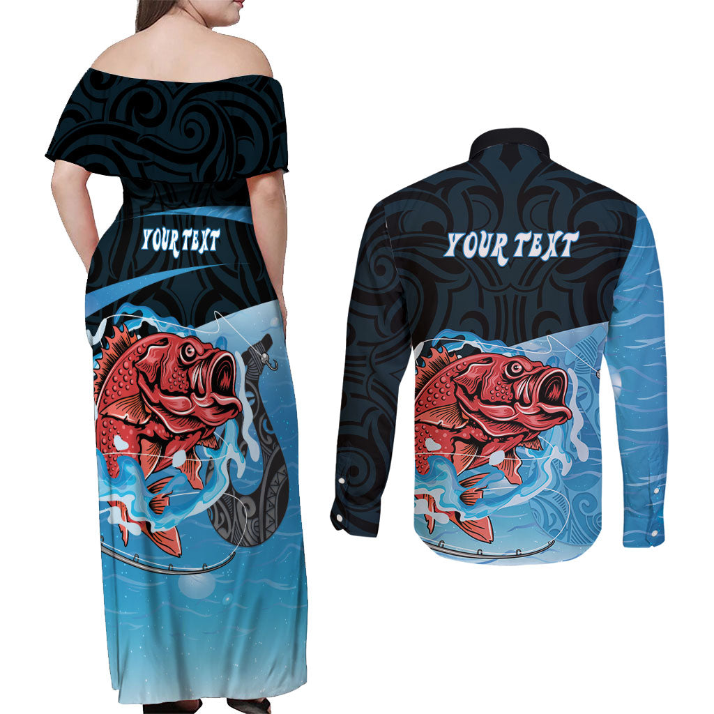 Personalised Snapper Fishing New Zealand Couples Matching Off Shoulder Maxi Dress and Long Sleeve Button Shirt Tamure Fish Hook Maori Pattern
