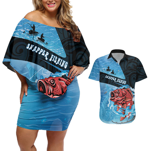 Personalised Snapper Fishing New Zealand Couples Matching Off Shoulder Short Dress and Hawaiian Shirt Tamure Fish Hook Maori Pattern
