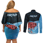 Personalised Snapper Fishing New Zealand Couples Matching Off Shoulder Short Dress and Long Sleeve Button Shirt Tamure Fish Hook Maori Pattern