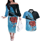 Personalised Snapper Fishing New Zealand Couples Matching Off The Shoulder Long Sleeve Dress and Hawaiian Shirt Tamure Fish Hook Maori Pattern