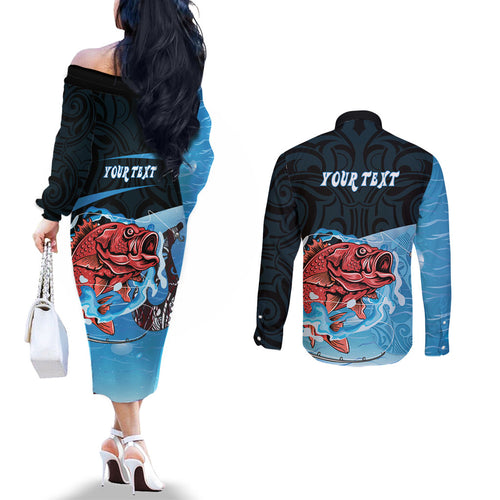 Personalised Snapper Fishing New Zealand Couples Matching Off The Shoulder Long Sleeve Dress and Long Sleeve Button Shirt Tamure Fish Hook Maori Pattern