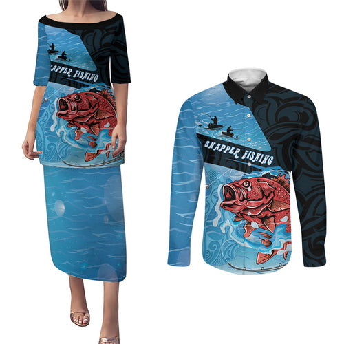 Personalised Snapper Fishing New Zealand Couples Matching Puletasi and Long Sleeve Button Shirt Tamure Fish Hook Maori Pattern