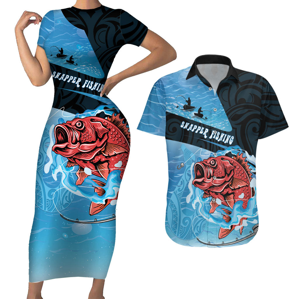 Personalised Snapper Fishing New Zealand Couples Matching Short Sleeve Bodycon Dress and Hawaiian Shirt Tamure Fish Hook Maori Pattern