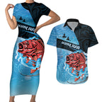 Personalised Snapper Fishing New Zealand Couples Matching Short Sleeve Bodycon Dress and Hawaiian Shirt Tamure Fish Hook Maori Pattern
