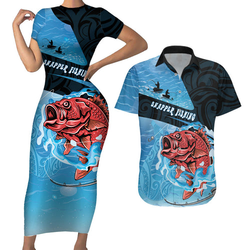 Personalised Snapper Fishing New Zealand Couples Matching Short Sleeve Bodycon Dress and Hawaiian Shirt Tamure Fish Hook Maori Pattern