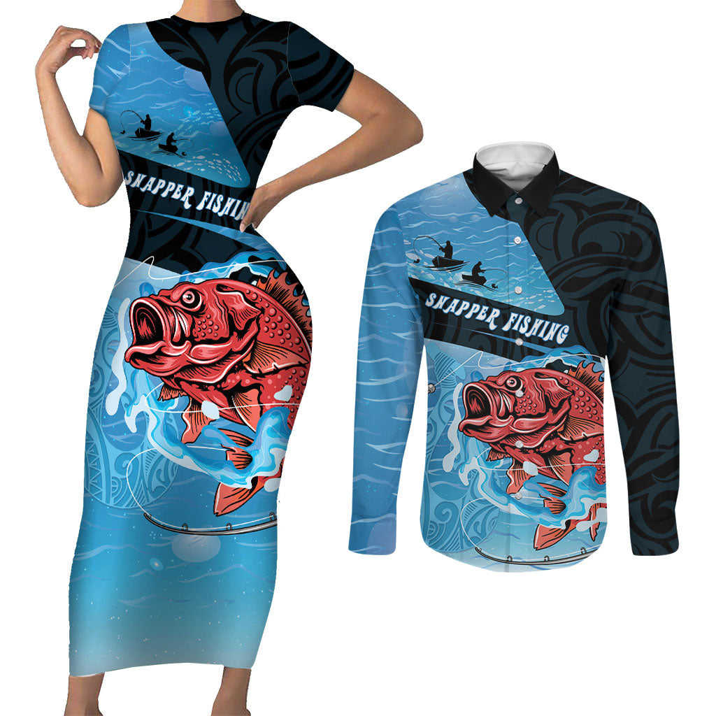 Personalised Snapper Fishing New Zealand Couples Matching Short Sleeve Bodycon Dress and Long Sleeve Button Shirt Tamure Fish Hook Maori Pattern