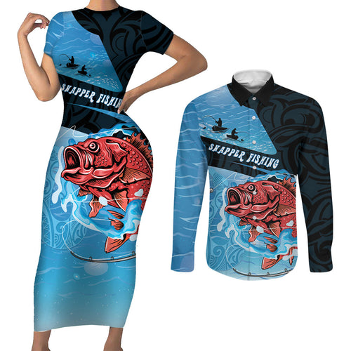 Personalised Snapper Fishing New Zealand Couples Matching Short Sleeve Bodycon Dress and Long Sleeve Button Shirt Tamure Fish Hook Maori Pattern