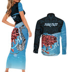 Personalised Snapper Fishing New Zealand Couples Matching Short Sleeve Bodycon Dress and Long Sleeve Button Shirt Tamure Fish Hook Maori Pattern