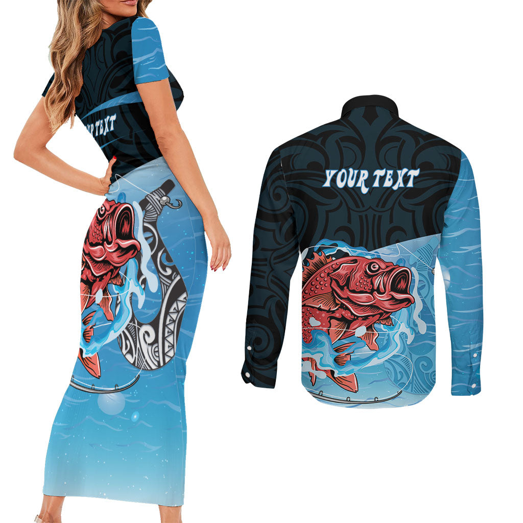Personalised Snapper Fishing New Zealand Couples Matching Short Sleeve Bodycon Dress and Long Sleeve Button Shirt Tamure Fish Hook Maori Pattern