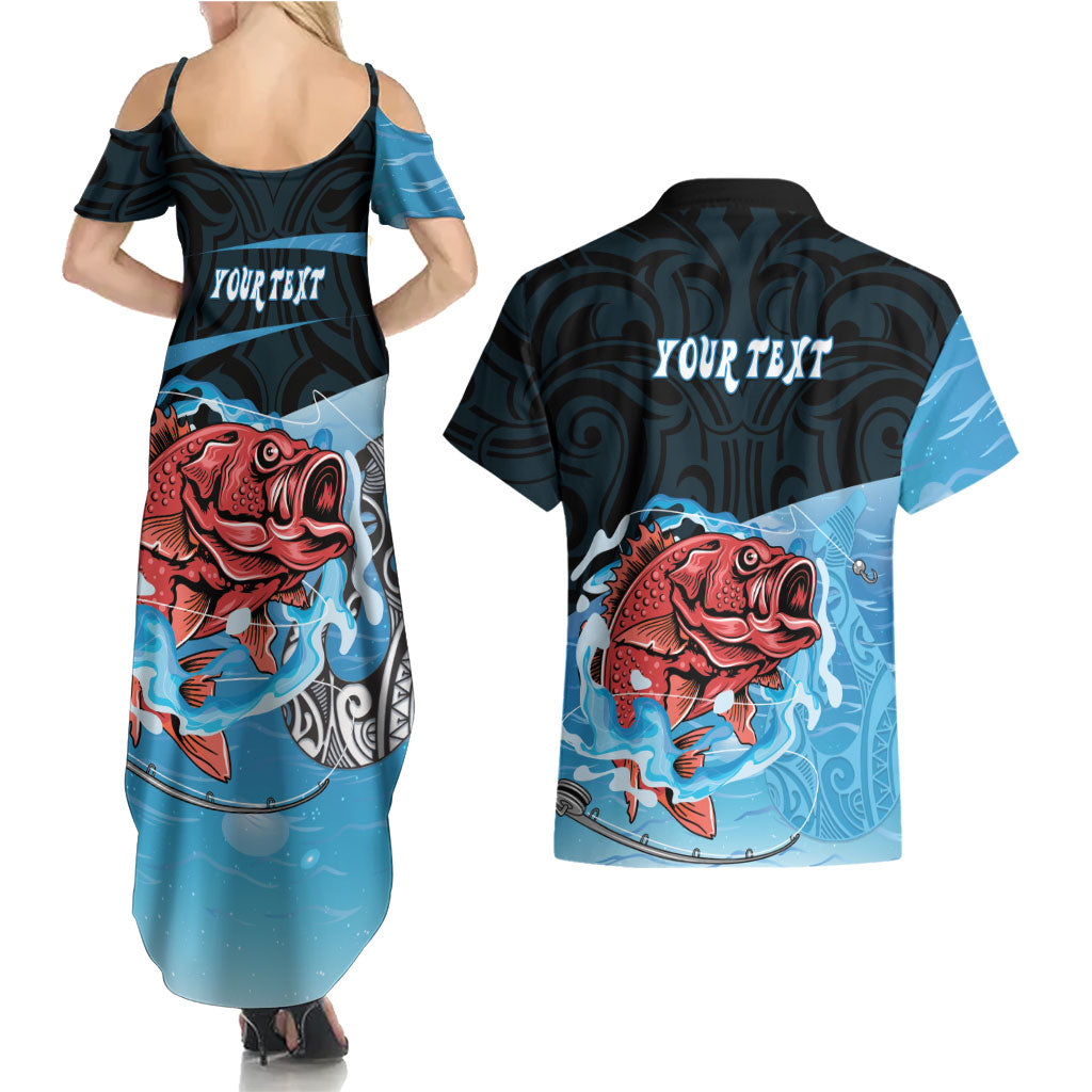 Personalised Snapper Fishing New Zealand Couples Matching Summer Maxi Dress and Hawaiian Shirt Tamure Fish Hook Maori Pattern