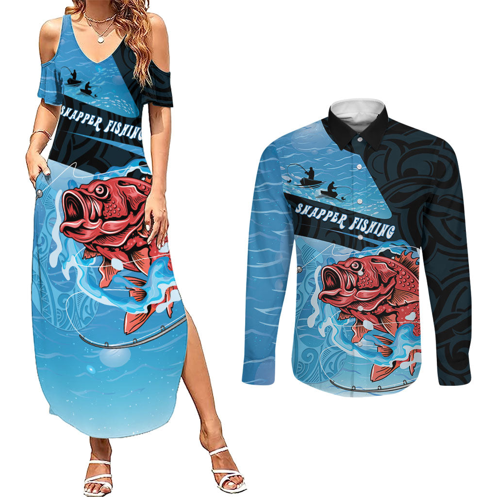 Personalised Snapper Fishing New Zealand Couples Matching Summer Maxi Dress and Long Sleeve Button Shirt Tamure Fish Hook Maori Pattern