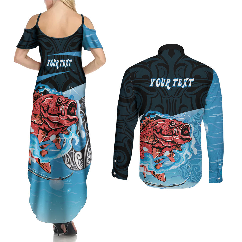 Personalised Snapper Fishing New Zealand Couples Matching Summer Maxi Dress and Long Sleeve Button Shirt Tamure Fish Hook Maori Pattern