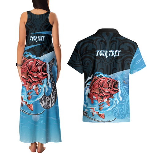 Personalised Snapper Fishing New Zealand Couples Matching Tank Maxi Dress and Hawaiian Shirt Tamure Fish Hook Maori Pattern