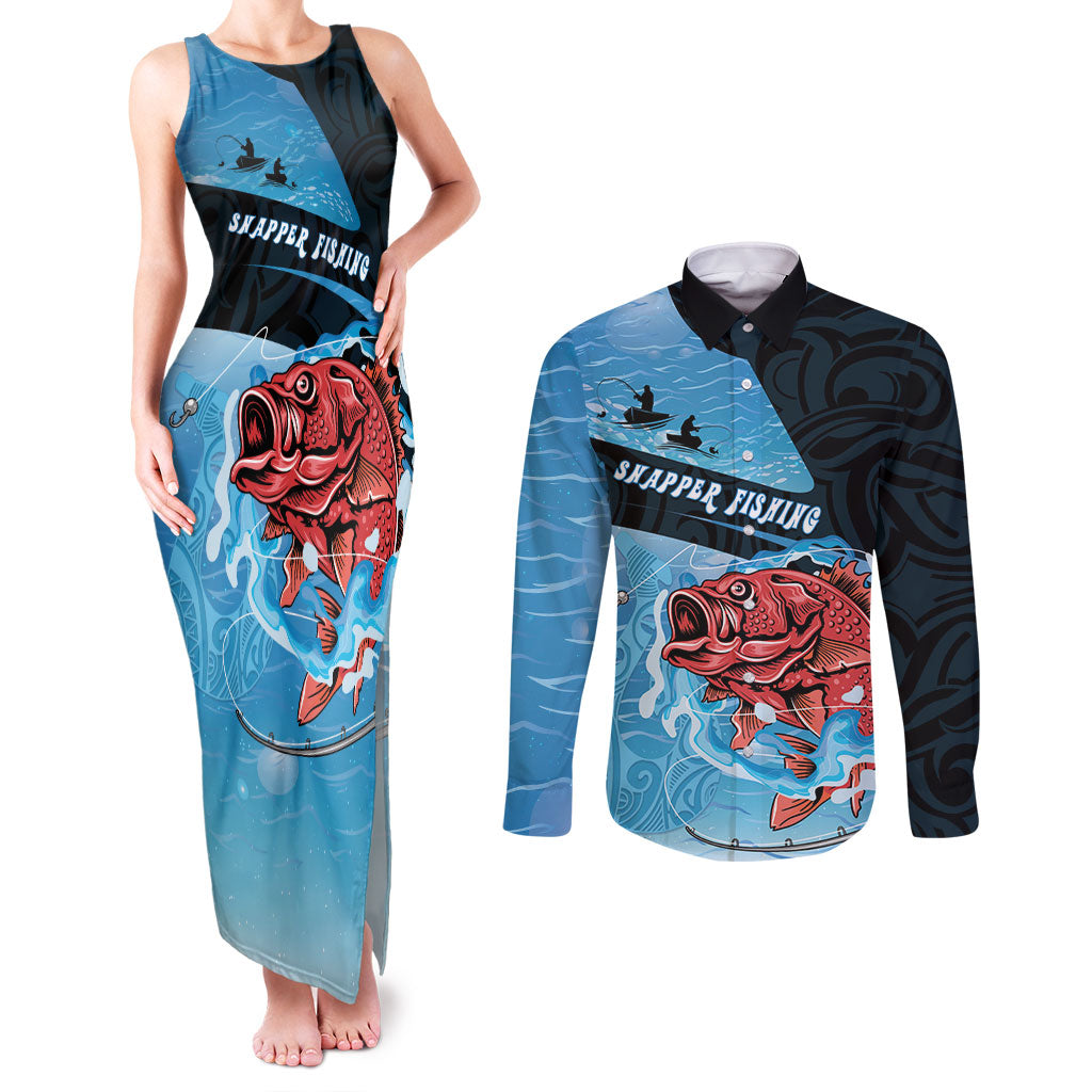 Personalised Snapper Fishing New Zealand Couples Matching Tank Maxi Dress and Long Sleeve Button Shirt Tamure Fish Hook Maori Pattern