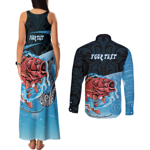 Personalised Snapper Fishing New Zealand Couples Matching Tank Maxi Dress and Long Sleeve Button Shirt Tamure Fish Hook Maori Pattern