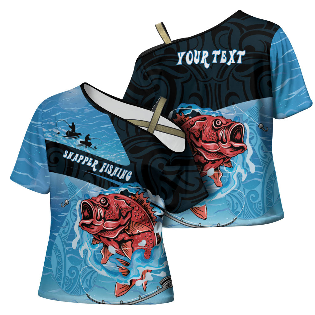 Personalised Snapper Fishing New Zealand Cross Shoulder Shirt Tamure Fish Hook Maori Pattern