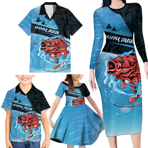 Personalised Snapper Fishing New Zealand Family Matching Long Sleeve Bodycon Dress and Hawaiian Shirt Tamure Fish Hook Maori Pattern