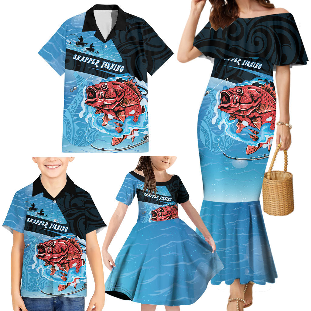 Personalised Snapper Fishing New Zealand Family Matching Mermaid Dress and Hawaiian Shirt Tamure Fish Hook Maori Pattern
