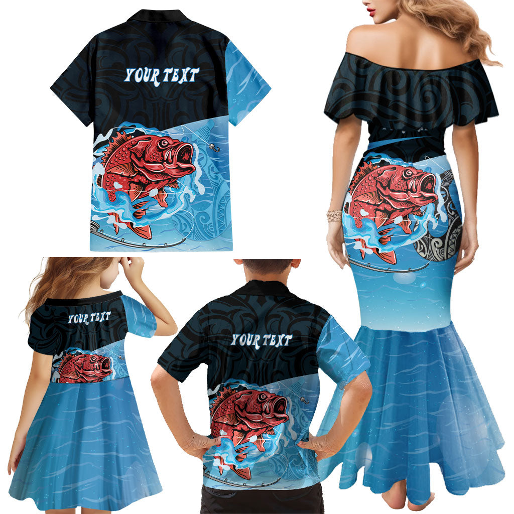 Personalised Snapper Fishing New Zealand Family Matching Mermaid Dress and Hawaiian Shirt Tamure Fish Hook Maori Pattern