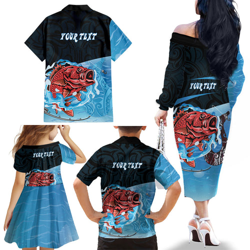 Personalised Snapper Fishing New Zealand Family Matching Off The Shoulder Long Sleeve Dress and Hawaiian Shirt Tamure Fish Hook Maori Pattern