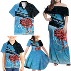 Personalised Snapper Fishing New Zealand Family Matching Off Shoulder Maxi Dress and Hawaiian Shirt Tamure Fish Hook Maori Pattern