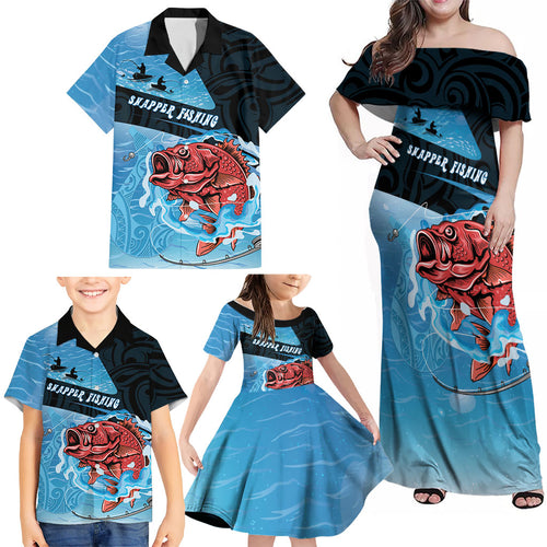 Personalised Snapper Fishing New Zealand Family Matching Off Shoulder Maxi Dress and Hawaiian Shirt Tamure Fish Hook Maori Pattern