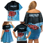 Personalised Snapper Fishing New Zealand Family Matching Off Shoulder Short Dress and Hawaiian Shirt Tamure Fish Hook Maori Pattern