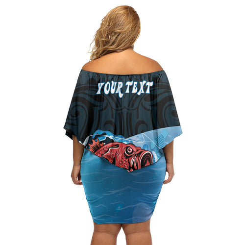 Personalised Snapper Fishing New Zealand Family Matching Off Shoulder Short Dress and Hawaiian Shirt Tamure Fish Hook Maori Pattern