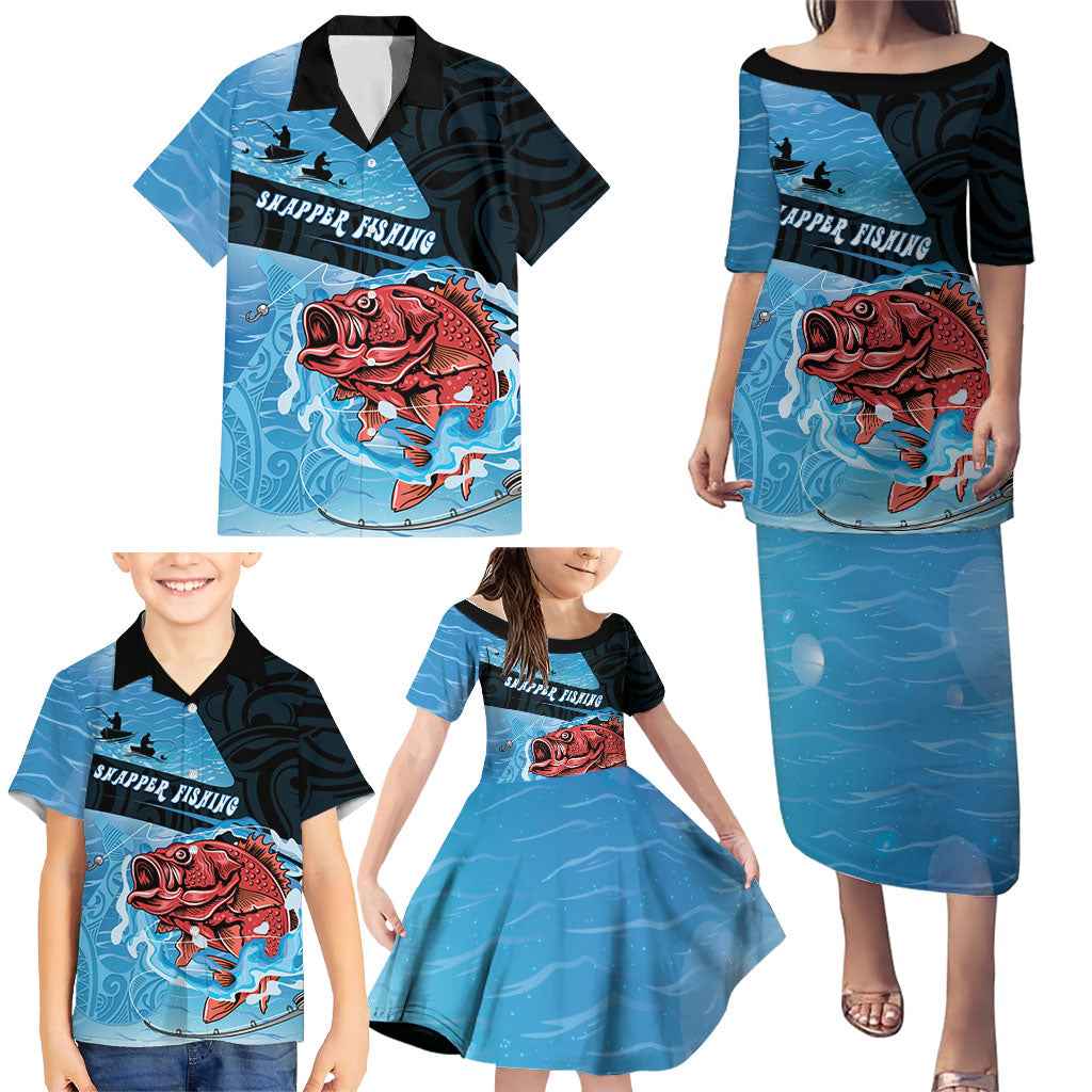 Personalised Snapper Fishing New Zealand Family Matching Puletasi and Hawaiian Shirt Tamure Fish Hook Maori Pattern