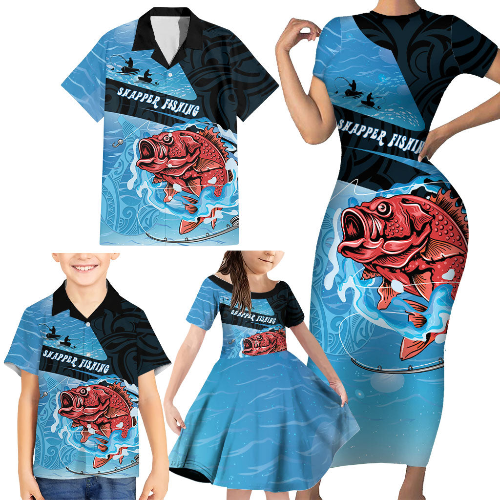 Personalised Snapper Fishing New Zealand Family Matching Short Sleeve Bodycon Dress and Hawaiian Shirt Tamure Fish Hook Maori Pattern