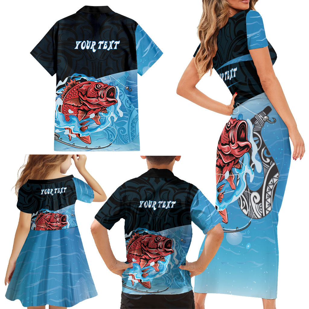 Personalised Snapper Fishing New Zealand Family Matching Short Sleeve Bodycon Dress and Hawaiian Shirt Tamure Fish Hook Maori Pattern