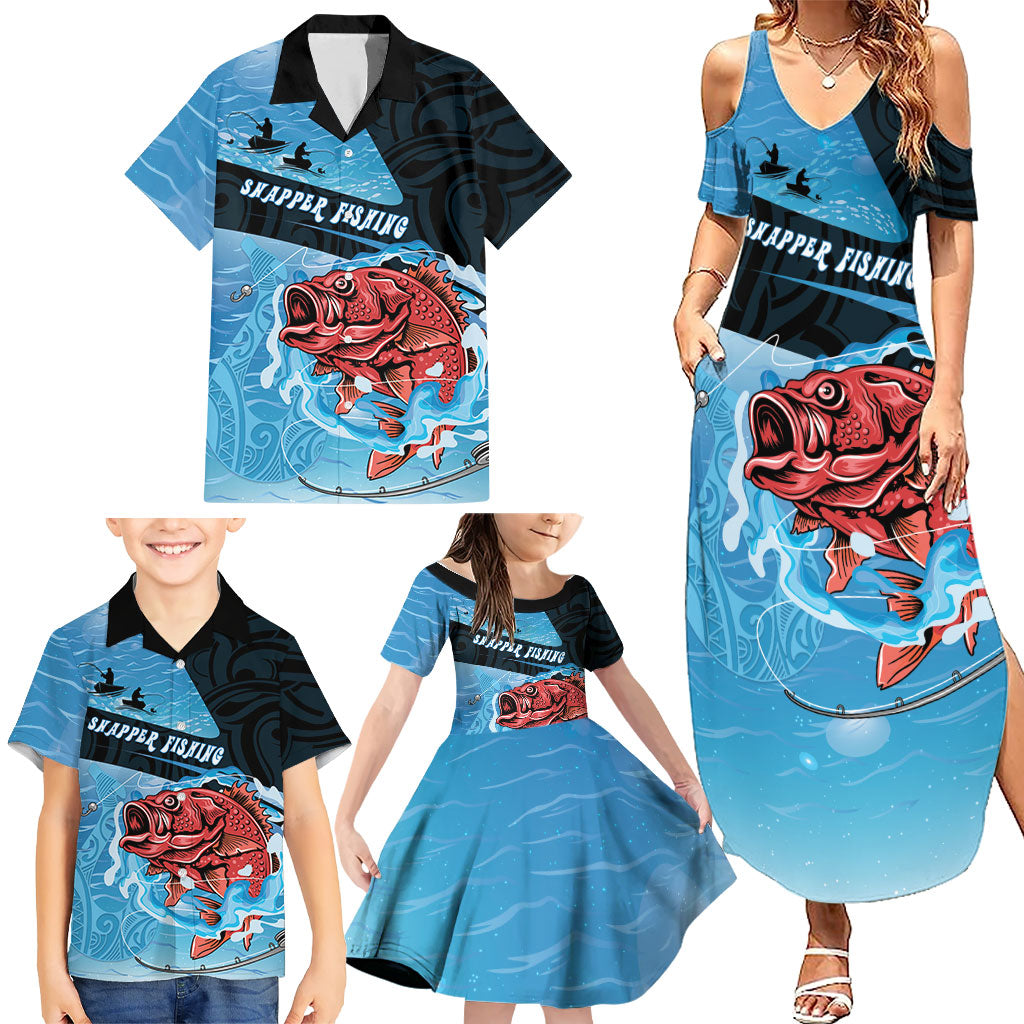 Personalised Snapper Fishing New Zealand Family Matching Summer Maxi Dress and Hawaiian Shirt Tamure Fish Hook Maori Pattern