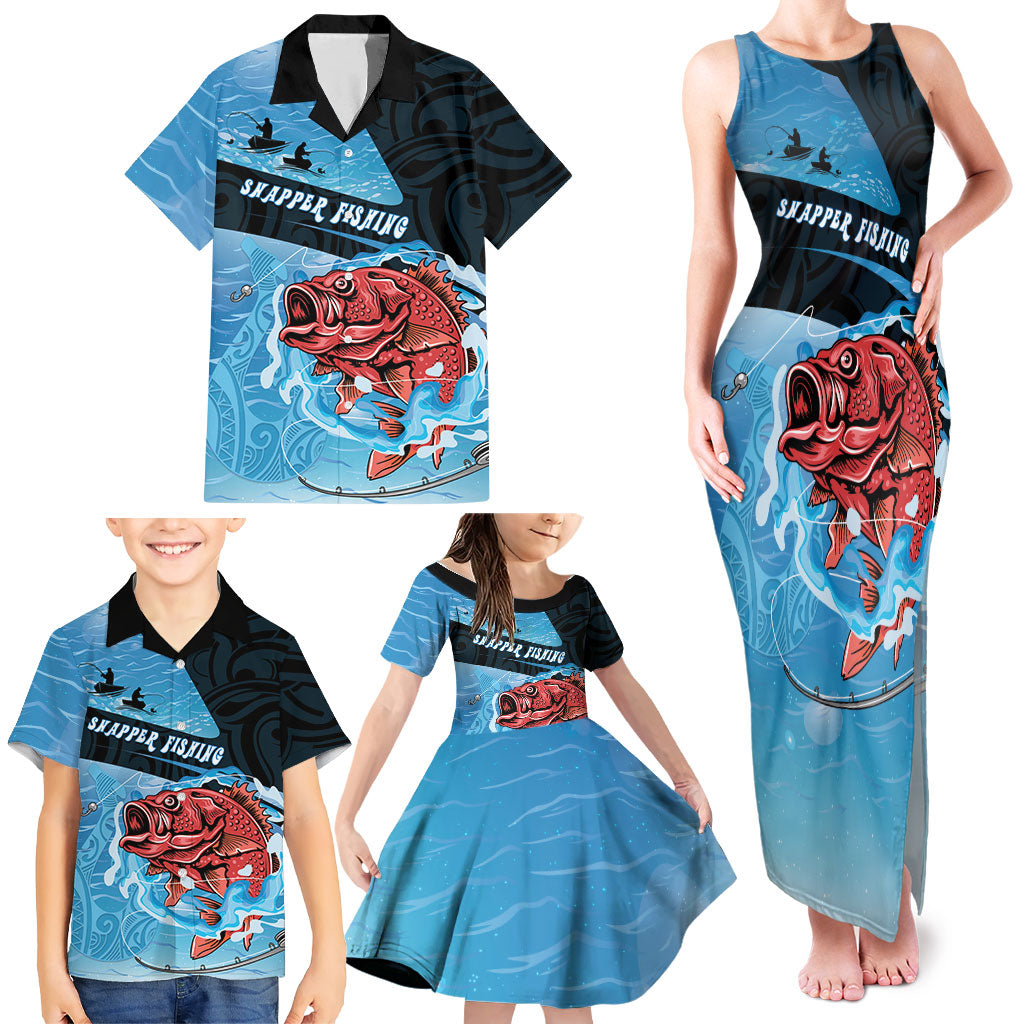 Personalised Snapper Fishing New Zealand Family Matching Tank Maxi Dress and Hawaiian Shirt Tamure Fish Hook Maori Pattern