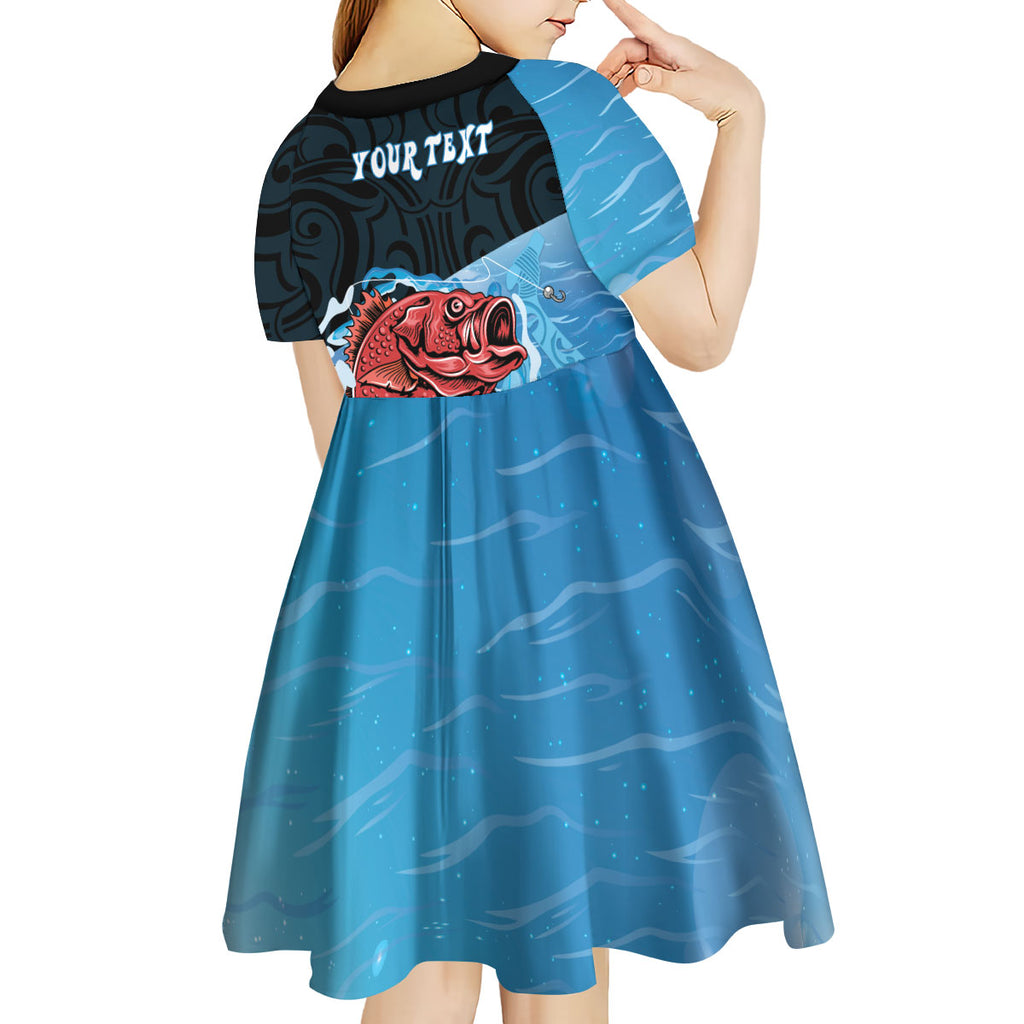 Personalised Snapper Fishing New Zealand Kid Short Sleeve Dress Tamure Fish Hook Maori Pattern